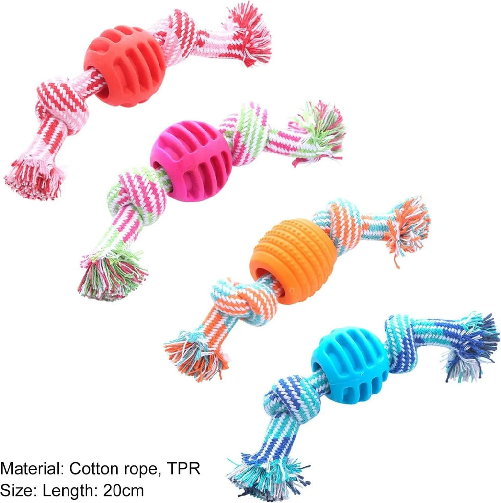 Set of colourful blue, green, orange, pink, and red dog chew toys with rope textures for dental health.