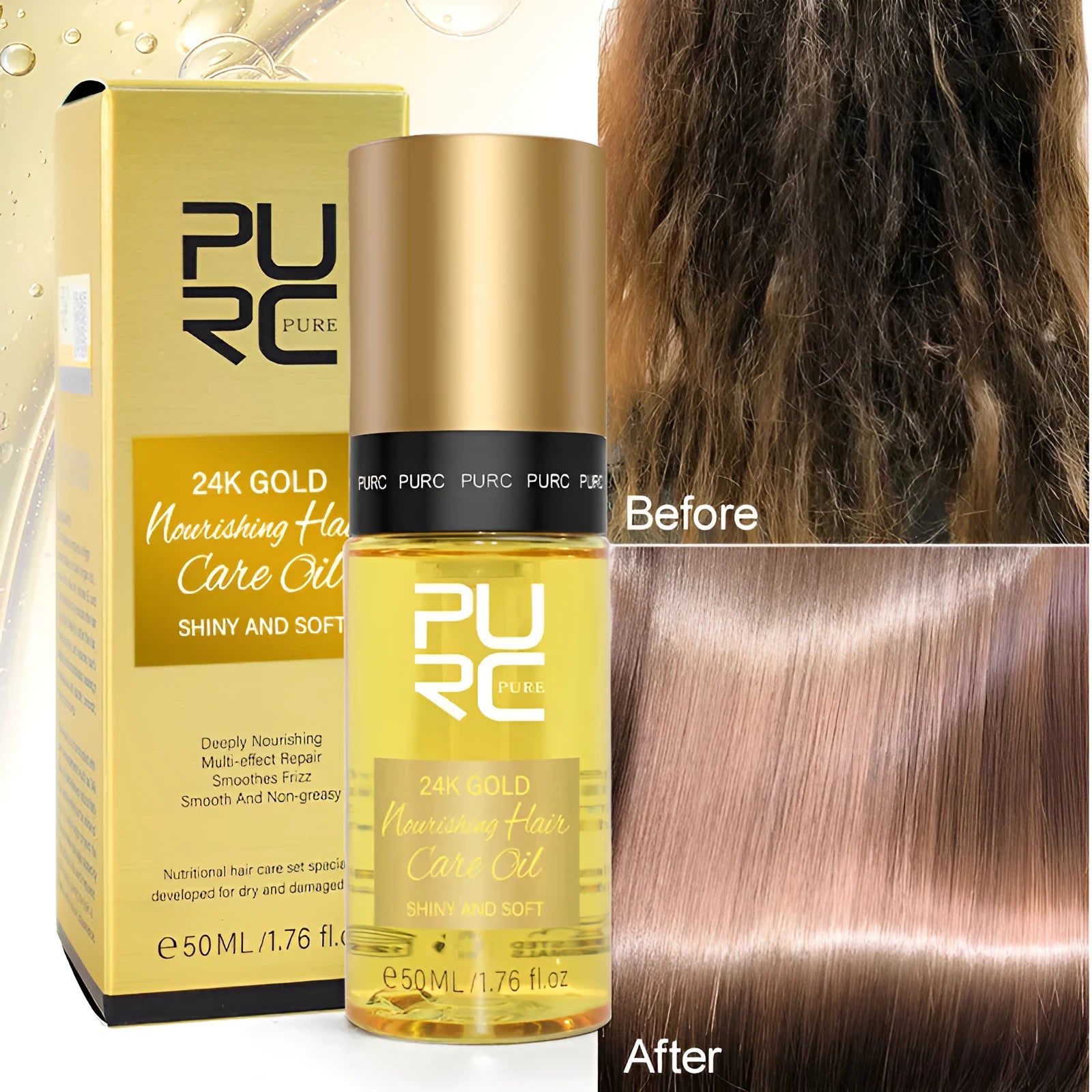 Yellow 50ml hair repair essential oil bottle for scalp and curly hair care.