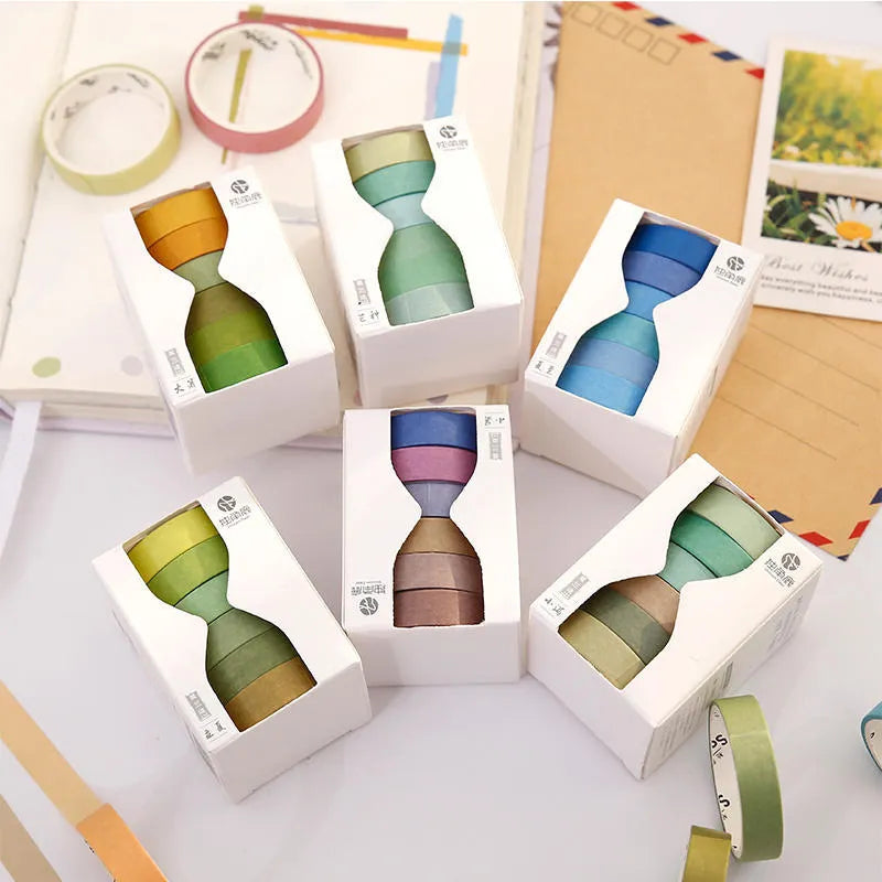 Six rolls of solid colour washi tape with solar term designs, each roll 9mm wide.