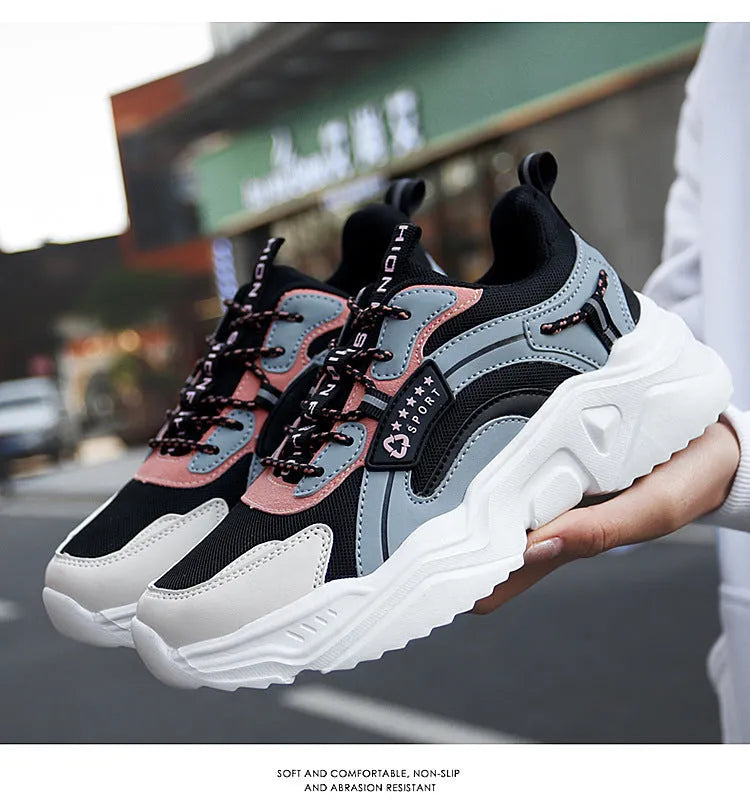 Women's white mesh casual sports shoes with thick sole and buckle detail