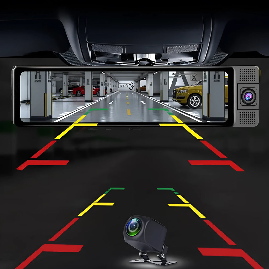 12-inch car rearview mirror dash cam with touchscreen and reversing camera system