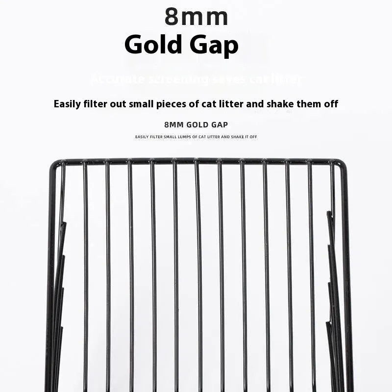 Black metal cat litter scoop with 0.8cm gap spacing for efficient waste sifting