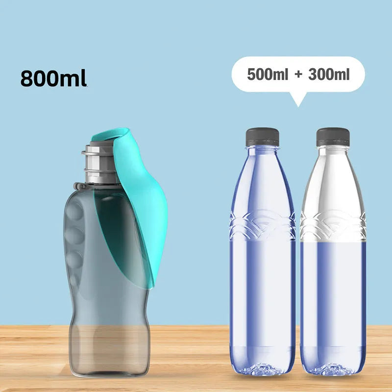 Blue grey portable 800ml dog water bottle with foldable drinking bowl and wrist strap.