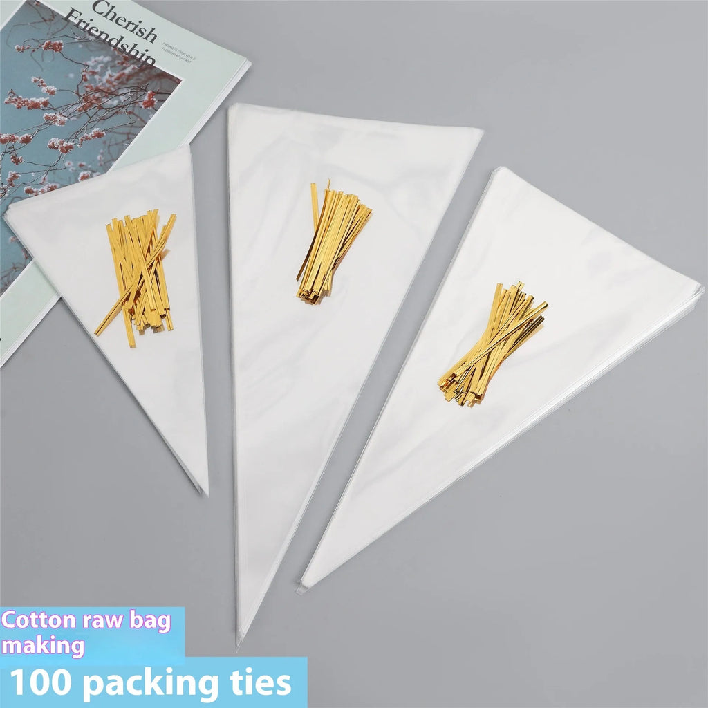 Clear triangle-shaped plastic packaging bag with a twisted top secured by a white tie wire.