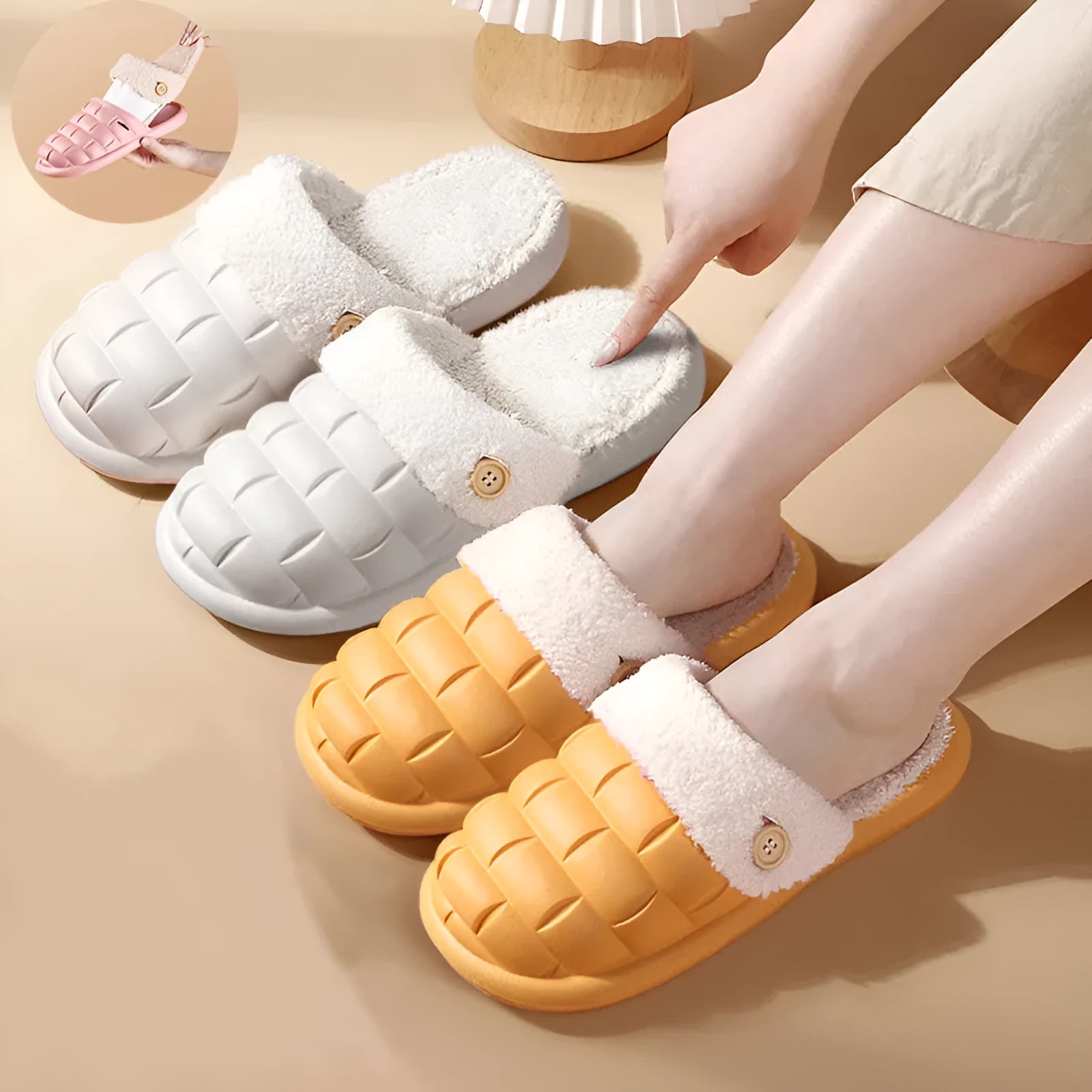 Plaid detachable EVA slippers for women in pink, shown with plush lining and flat sole.