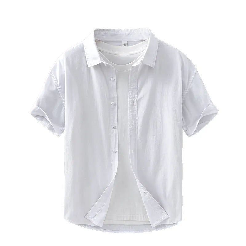 Men's loose-fitting cotton cardigan-style summer shirt with short sleeves in light gray