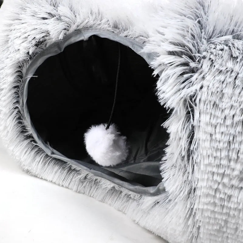 Plush collapsible cat bed with tunnel, non-slip base, and removable washable cushion for indoor pets