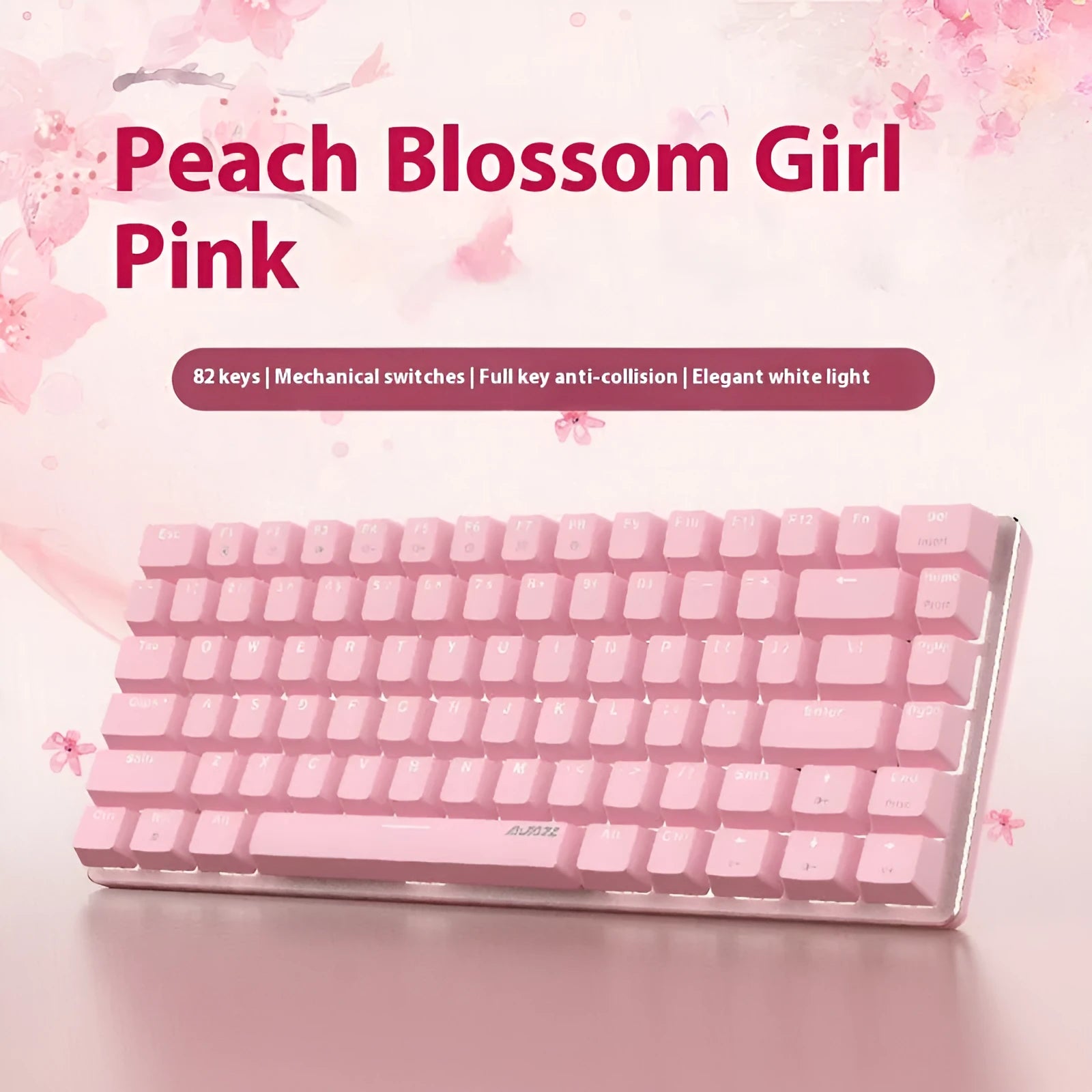 Pink mechanical gaming keyboard with 82 keys and white backlighting