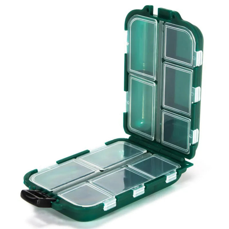 Small plastic fishing tackle storage box with 10 internal compartments in black colour