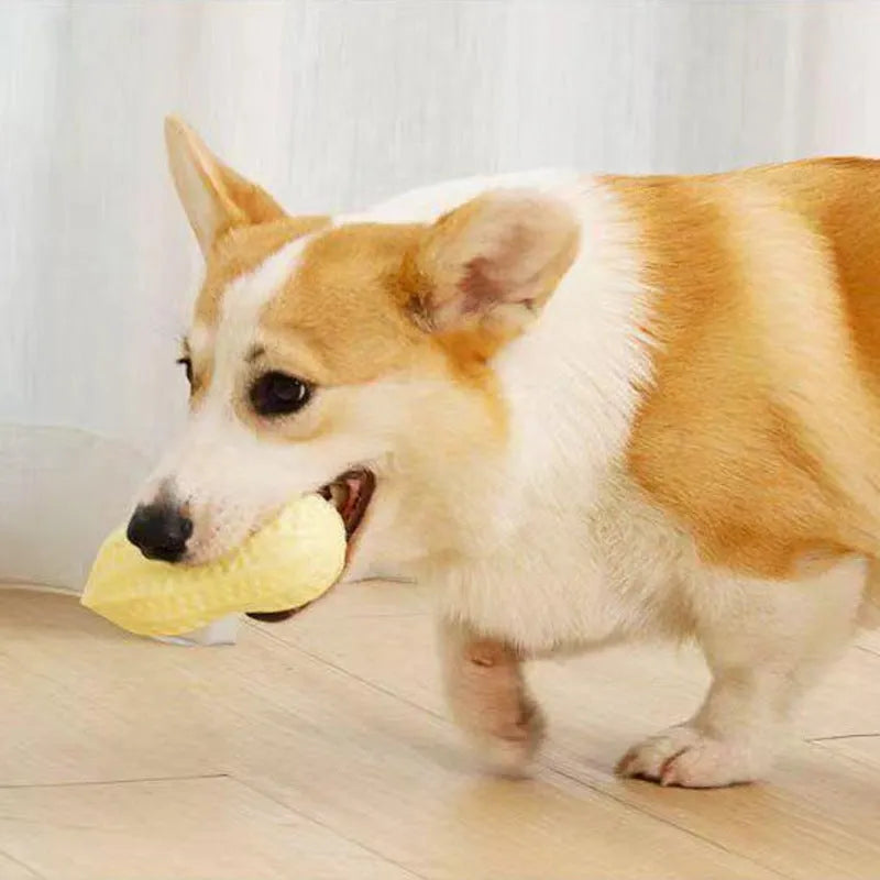 Yellow peanut-shaped dog chew toy with squeaker for dental cleaning