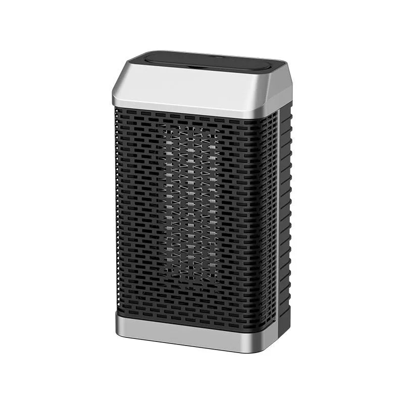 Black remote control type desktop smart heater with oscillating head, showing dimensions 14.5x10x26cm.