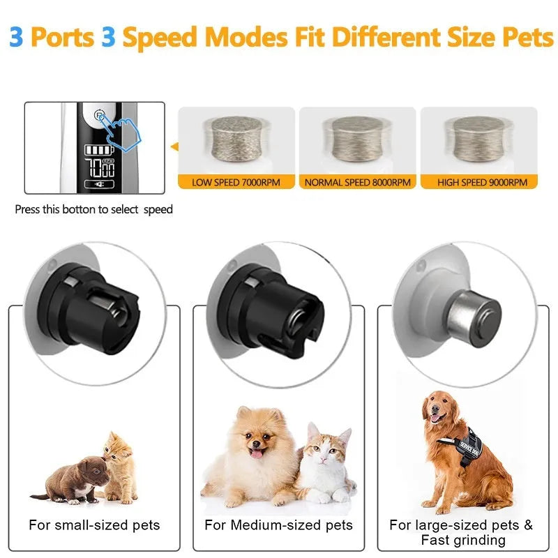 Automatic electric nail grinder for dogs with LED display and dust collection compartment.