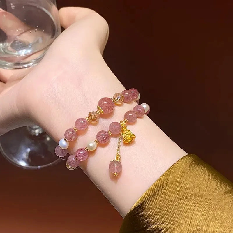 Double-layer strawberry quartz pearl bell bracelet for women, electroplated finish, geometric shape