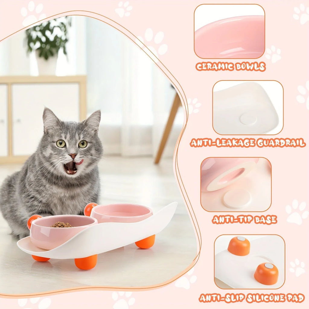 Ceramic raised pet feeding bowl set with two bowls and non-slip silicone supports in yellow colour