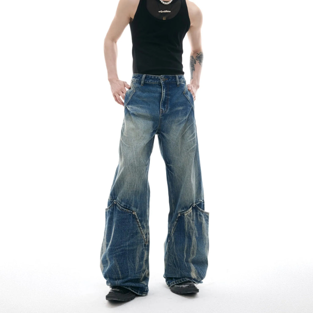 Men's retro washed burst pattern curved knife jeans in verdant blue with loose fit