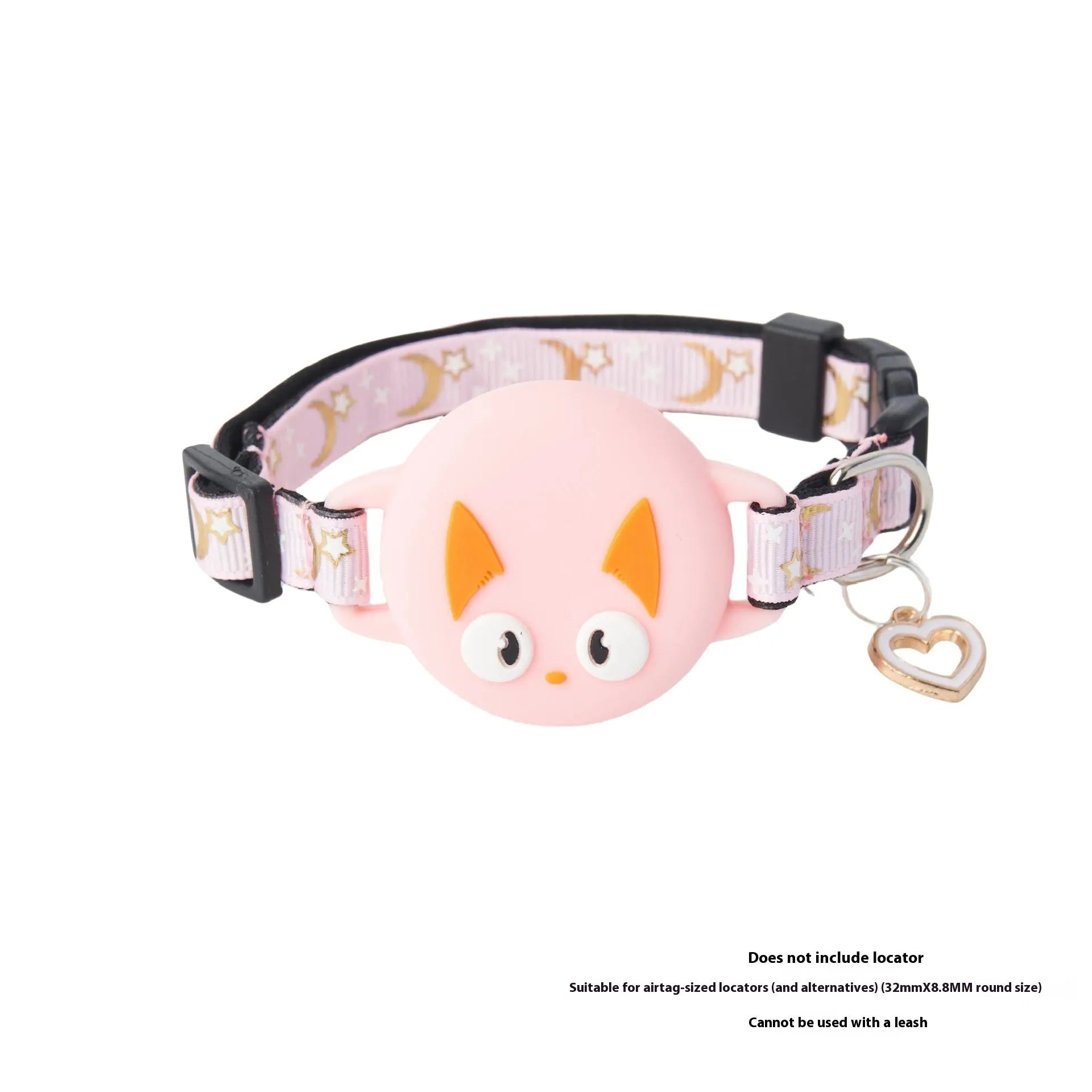 Adjustable plastic cat collar for Apple AirTag in pink, shown on a pink background.