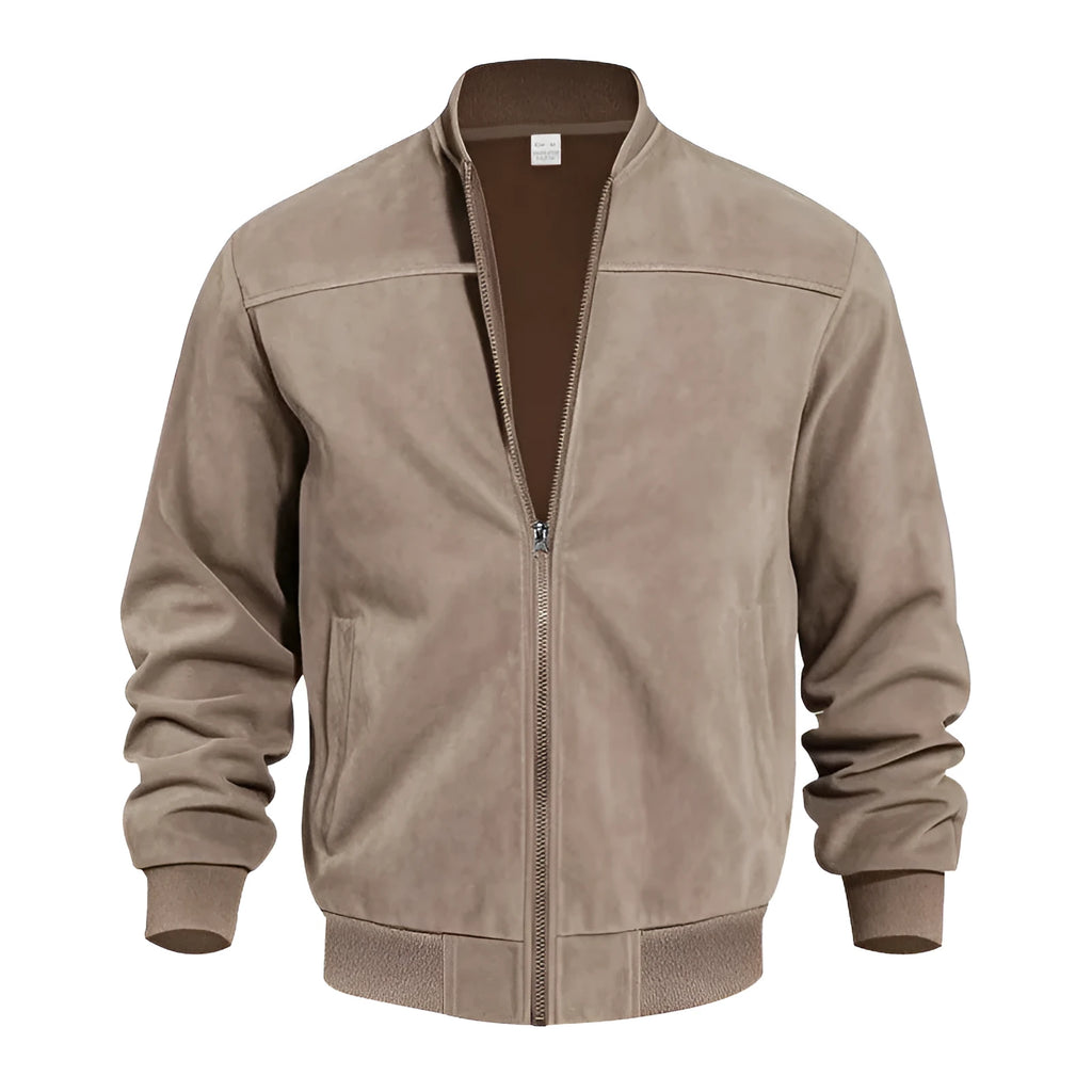 Men's plus size suede zip-front casual jacket shown in army green colour.