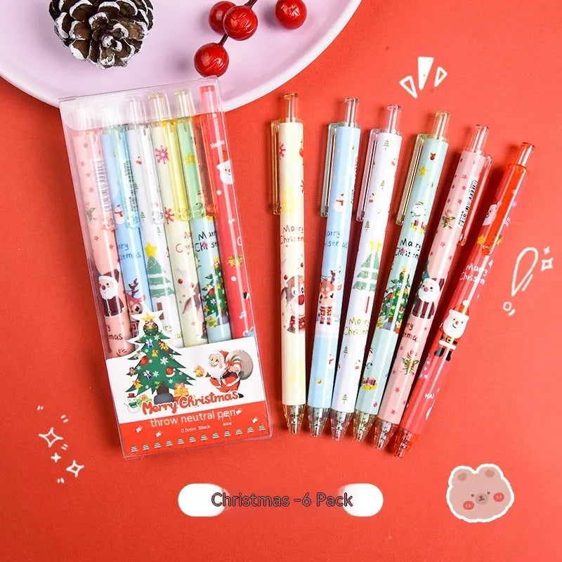 Cartoon design Christmas reward gift signature pen set with 6 pieces and black refills