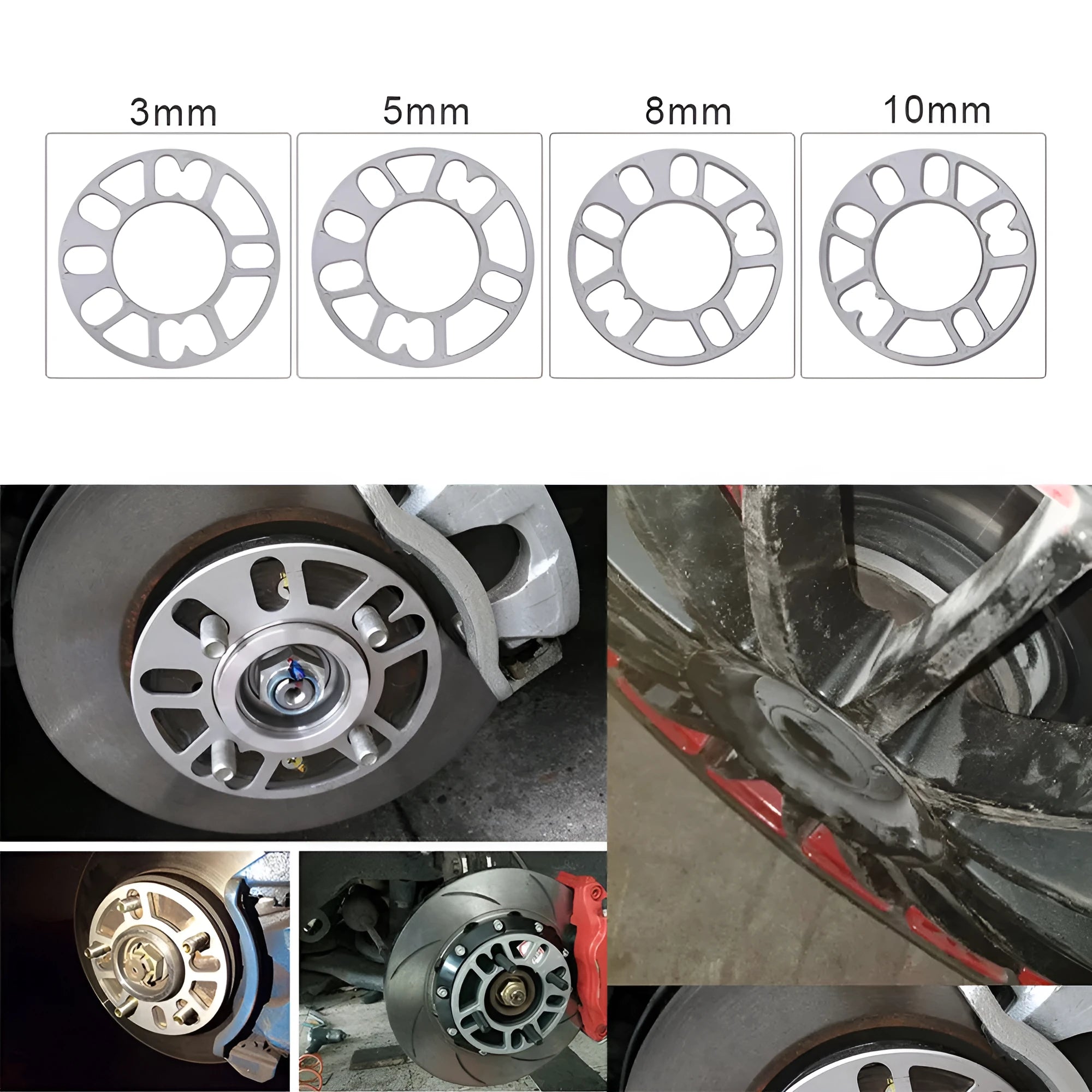 Set of ET wheel hub widening gasket spacers in 3mm, 5mm, 6mm, 8mm, and 10mm thicknesses for automobile modification.