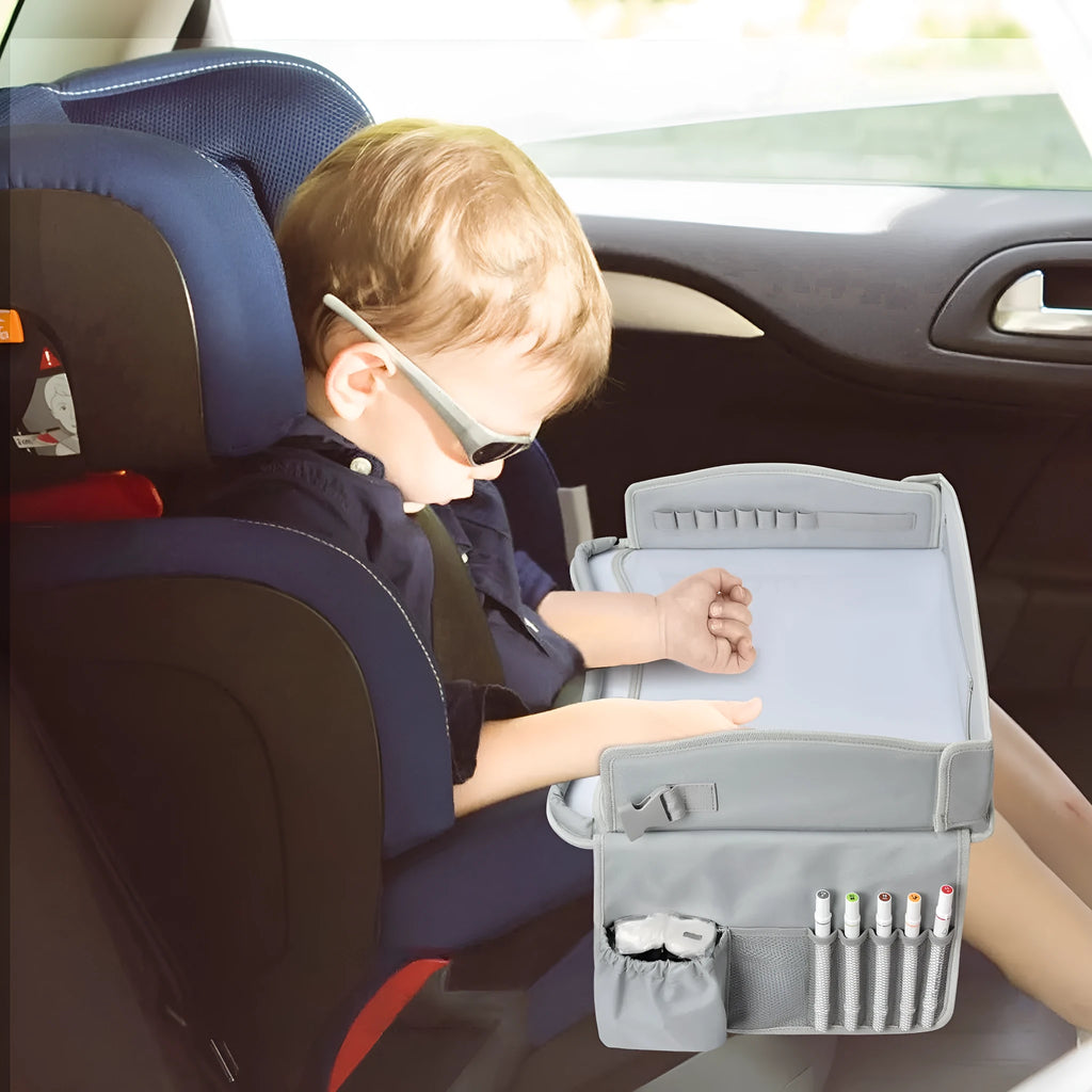 Gray portable car safety seat tray made from Oxford cloth measuring 43x36.5x30cm