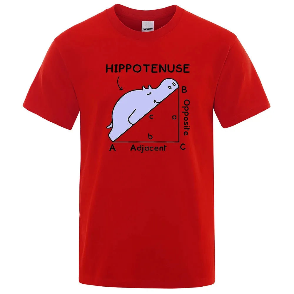 White cotton t-shirt with a large printed humorous triangle diagram labelled Hippotenuse, Opposite, Adjacent.