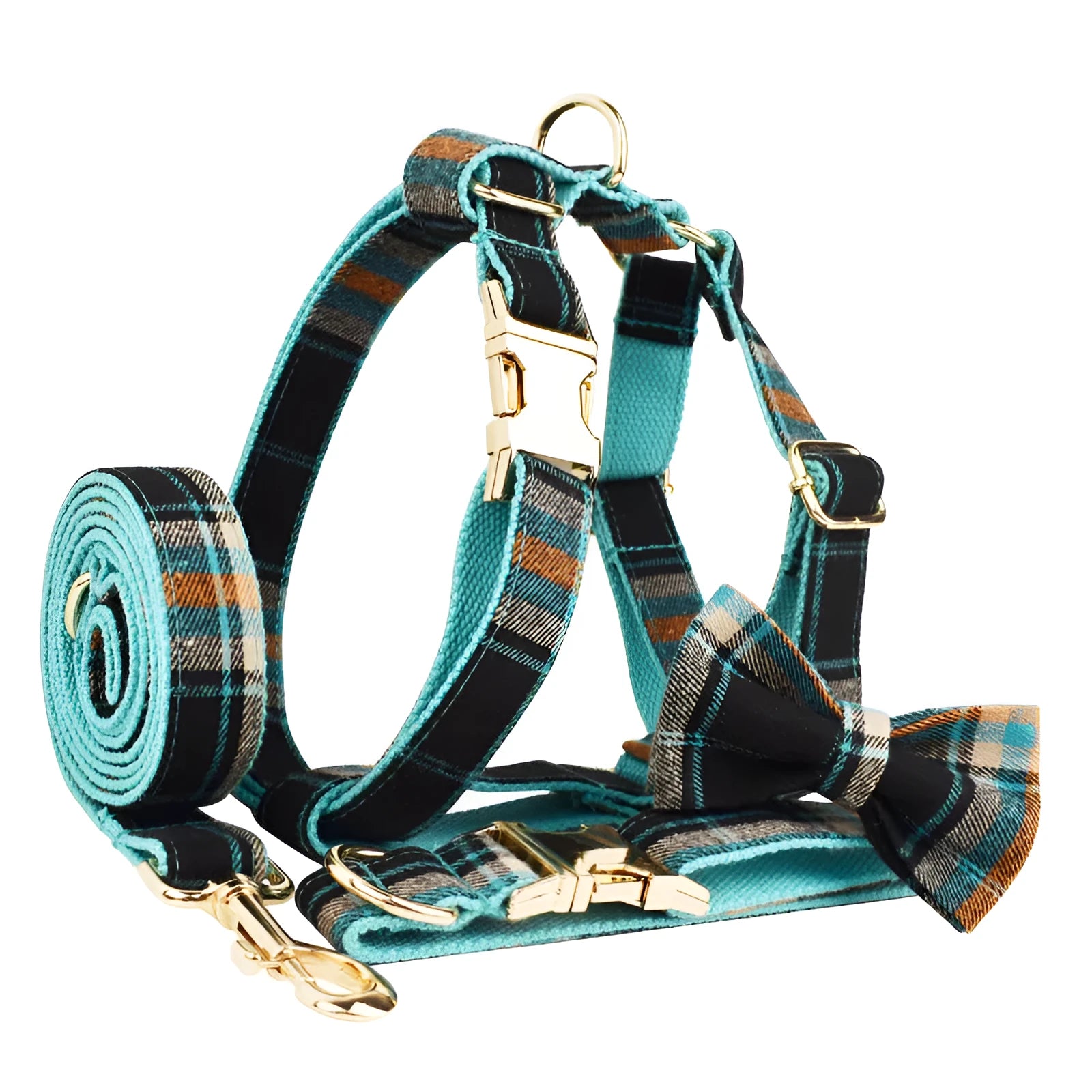 Green retro style cloth dog collar, leash, vest, and decorative bow set laid out flat.
