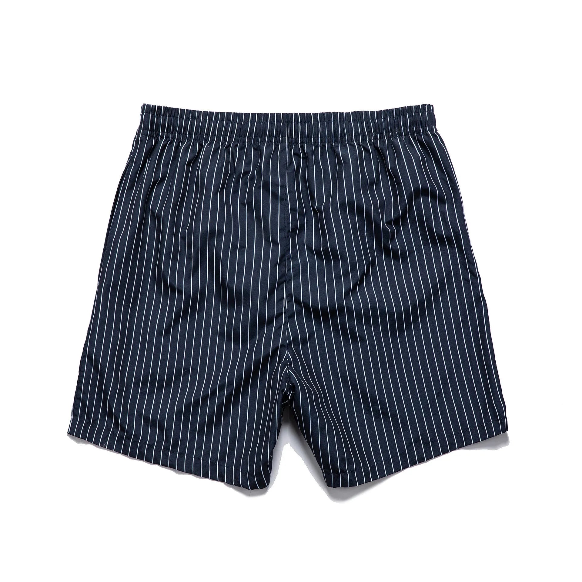Men's navy blue and grey striped beach shorts with straight legs and built-in lining, laid flat.
