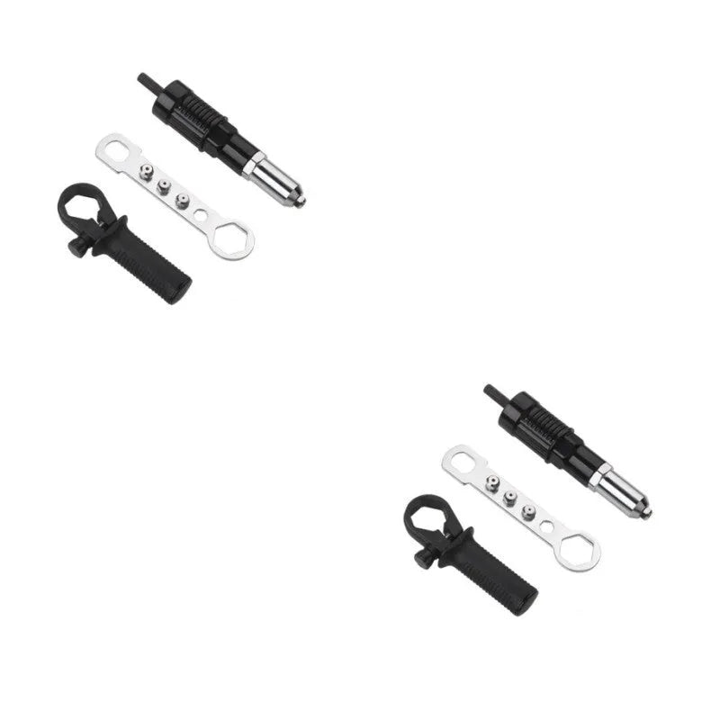 Black metal electric drill rivet gun with alloy steel forged head, 173mm long, shown with handle, wrench, and rivet heads.