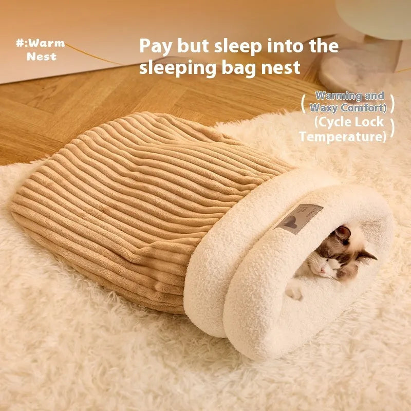 Brown semi-enclosed pet sleeping bag with plush lining for cats and dogs on wooden floor