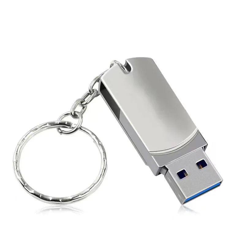 Small white metal rotating USB flash drive showing dimensions and connector