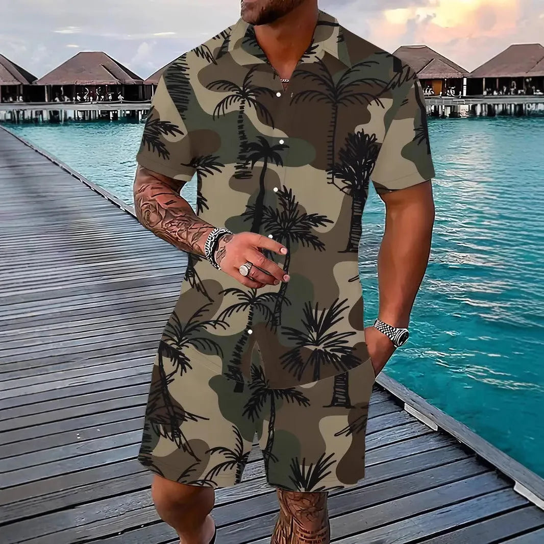 Man wearing a 3D printed Hawaiian pattern short sleeve top and matching shorts casual suit set.