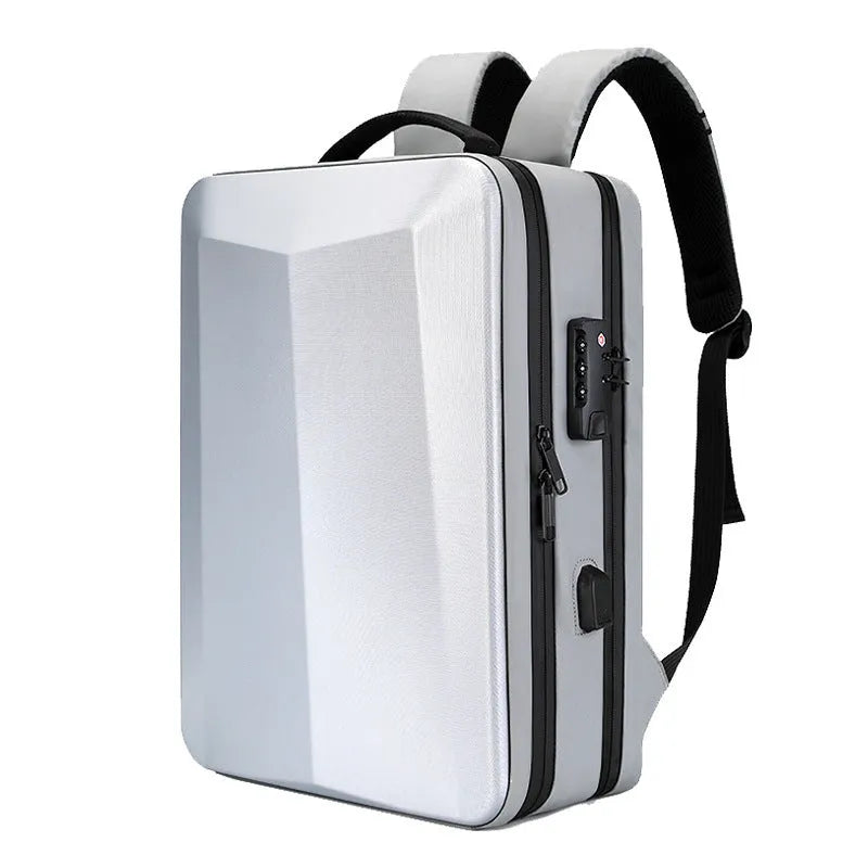 Waterproof ABS PC Oxford cloth business backpack with curved shoulder straps in black or silver white