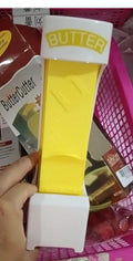 Yellow plastic butter cutter with stainless steel blade for quarter-pound butter bars