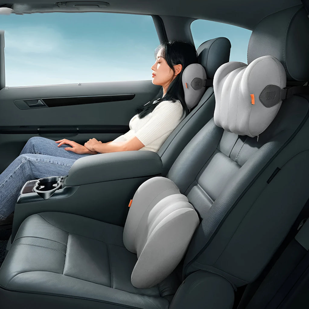 Grey and orange car head rest and lumbar support pillow set with memory cotton filling.