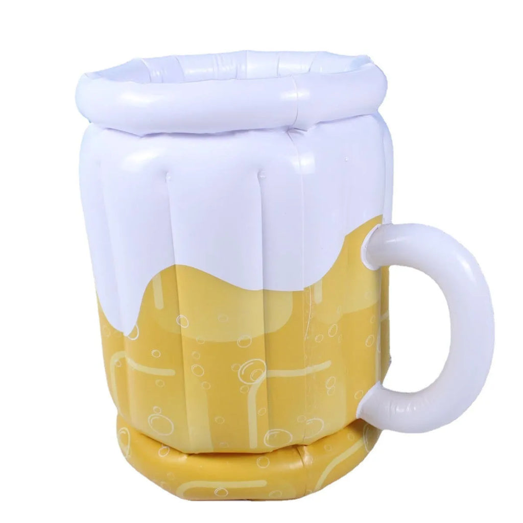 Large yellow inflatable beer mug cooler floating in a pool, showing its 44cm height and drink holders.