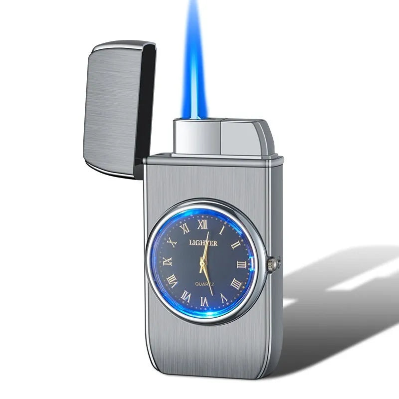 Metal multifunctional electronic lighter with watch display, wind-resistant flame and LED lighting in various colour finishes