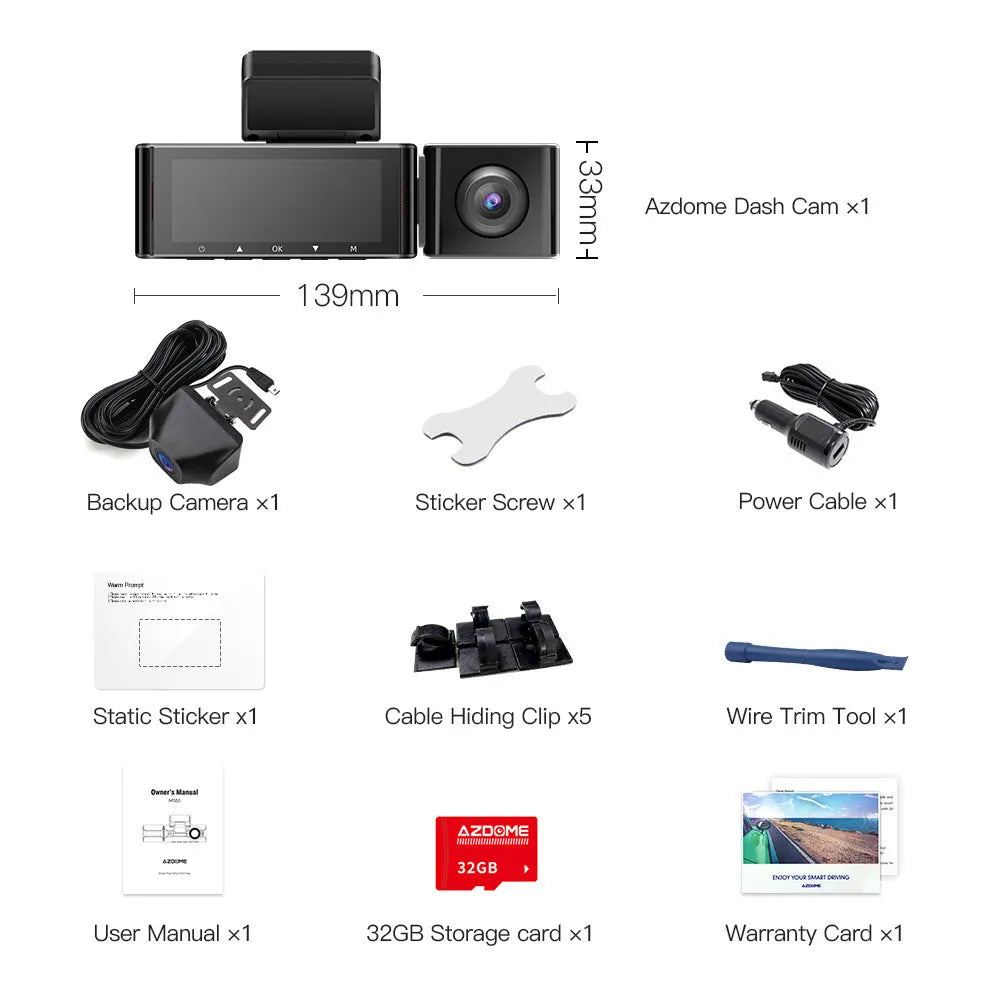 M550PRO driving recorder dash cam with 3 inch screen, front and rear lenses, and car charger on dashboard.