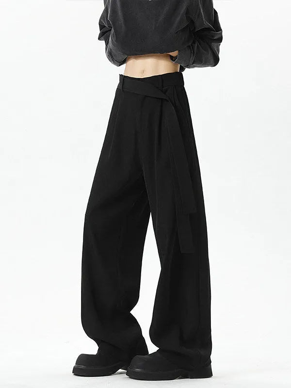 Men's plus size loose fit cotton blend casual trousers with ribbon oblique belt in black