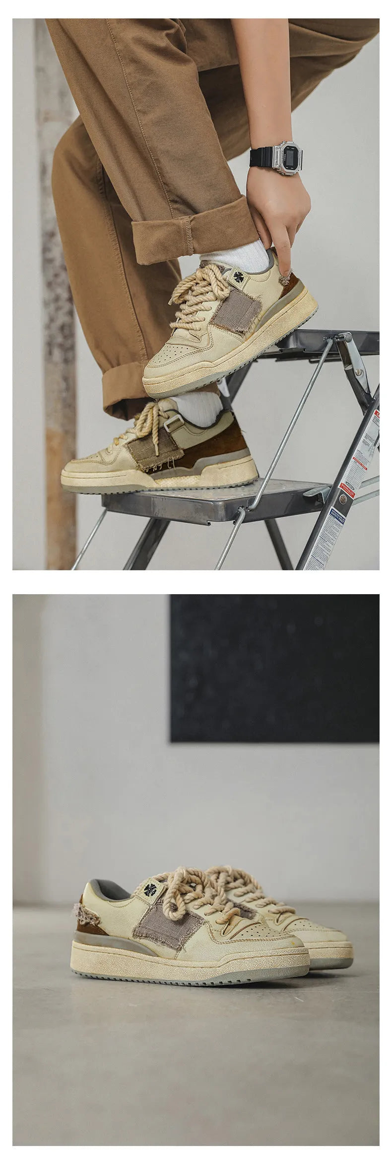 Beige low-top skateboard shoes with microfiber upper and flat rubber sole on white background