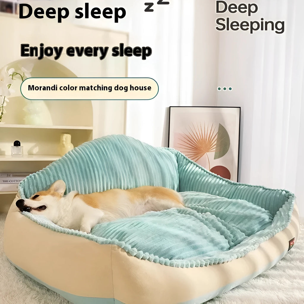 Morandi coloured washable dog mat and cat bed with a removable cover, shown in two sizes.