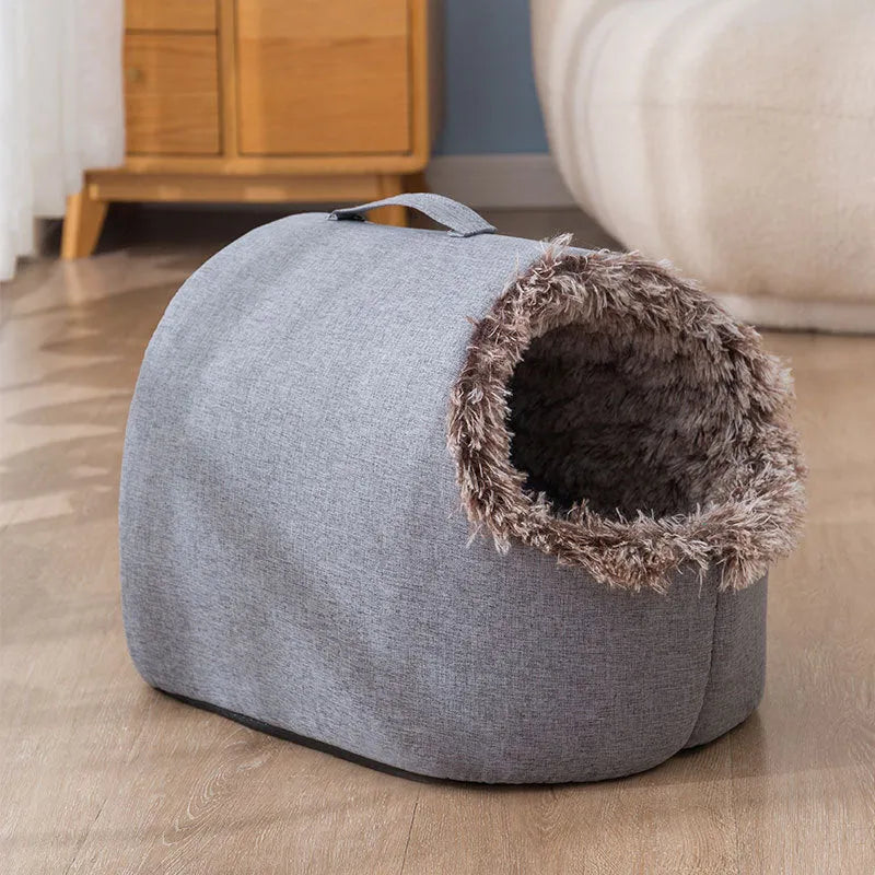 Grey fleece-lined enclosed cat sleeping bag measuring 50cm long with brown colour option available