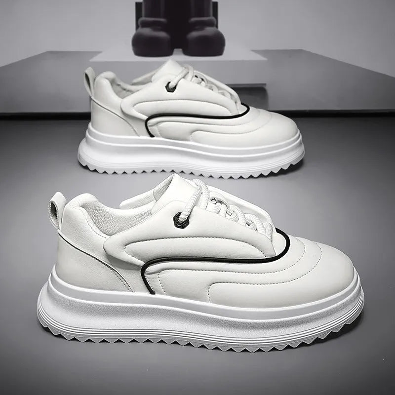 PU leather casual loafers with a thick sole and low heel for height increase, shown in multiple colour options.