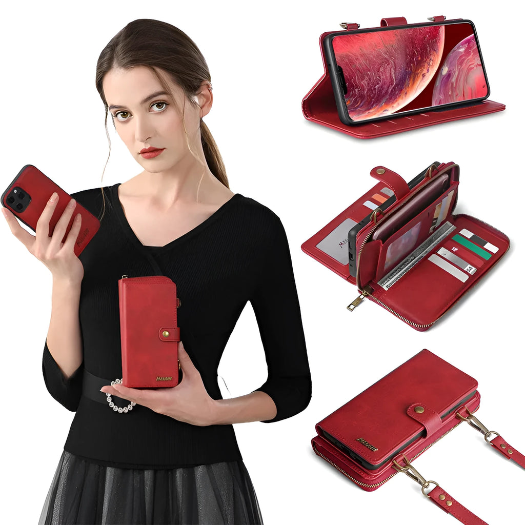 Black leather-style flip phone case with a detachable wallet compartment open, showing card slots.