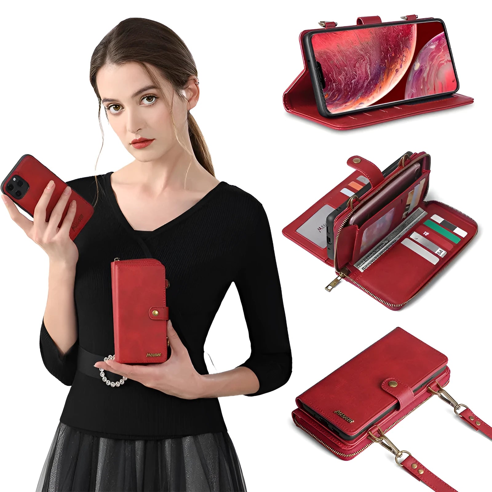 Black leather-style flip phone case with a detachable wallet compartment open, showing card slots.