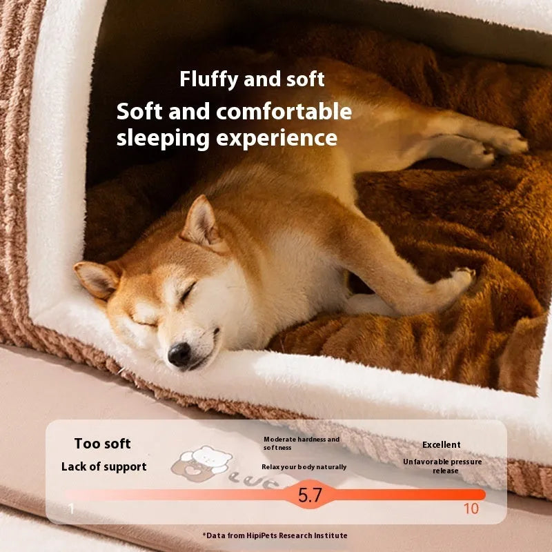 Brown bear-shaped enclosed dog kennel pet bed with removable cover on a wooden floor.