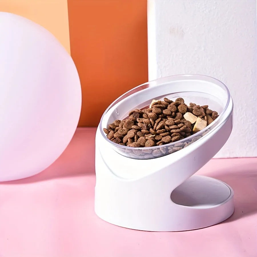Clear elevated cat food bowl with ergonomic tilt design for neck protection