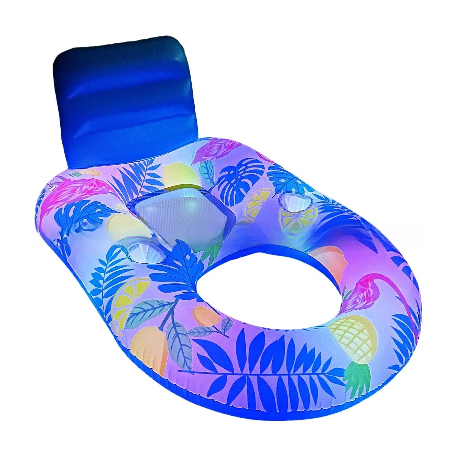 Inflatable luminous floating bed with backrest in swimming pool, white pineapple style, 140x90x65cm dimensions
