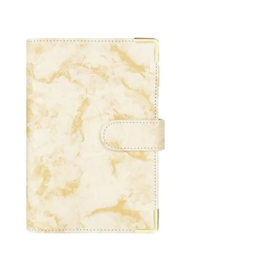 A6 loose-leaf binder journal with marbling leather PU cover, open to show budget sheets and zip pockets