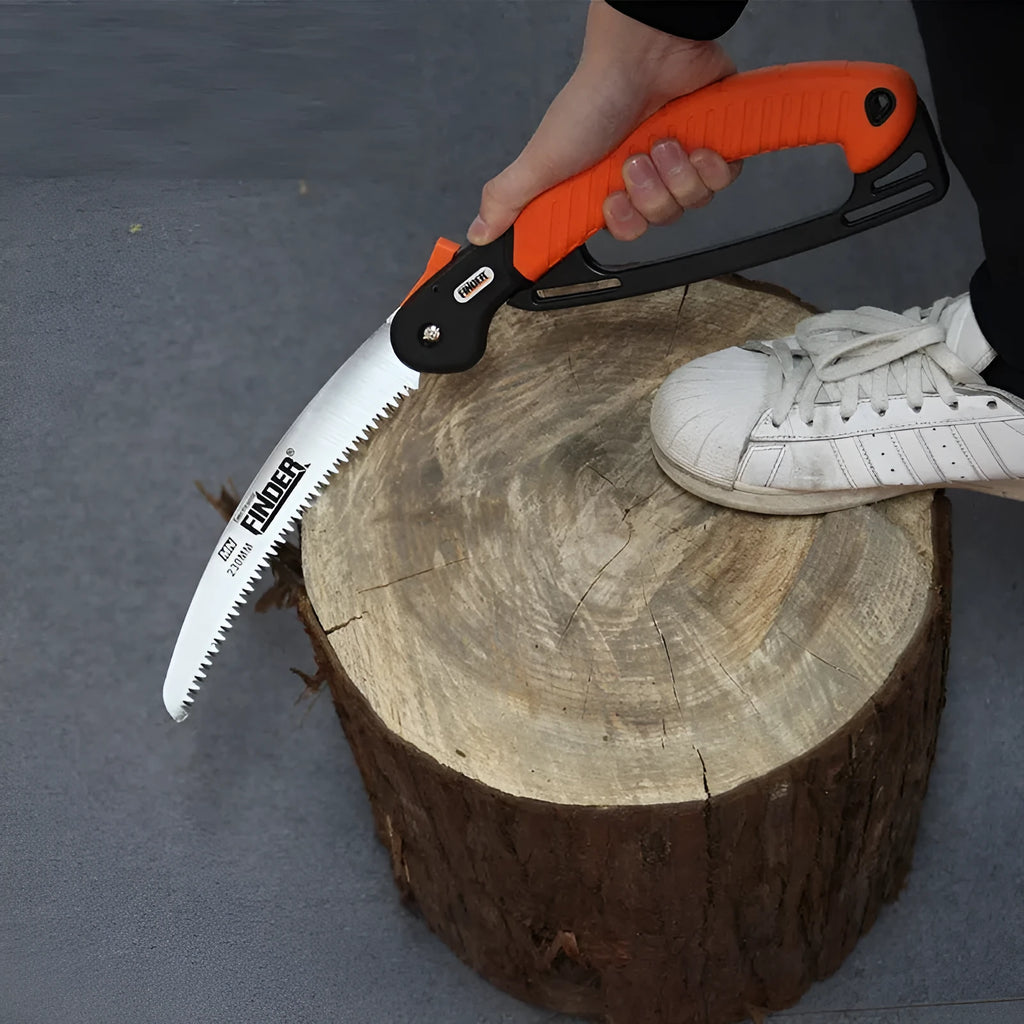 A folded garden hand saw with a TPR grip and a 9-inch 65MN steel blade.