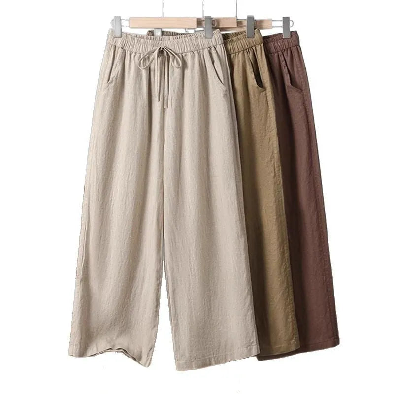 Women's straight-leg trousers with lace-up drawstring waist in apricot colour